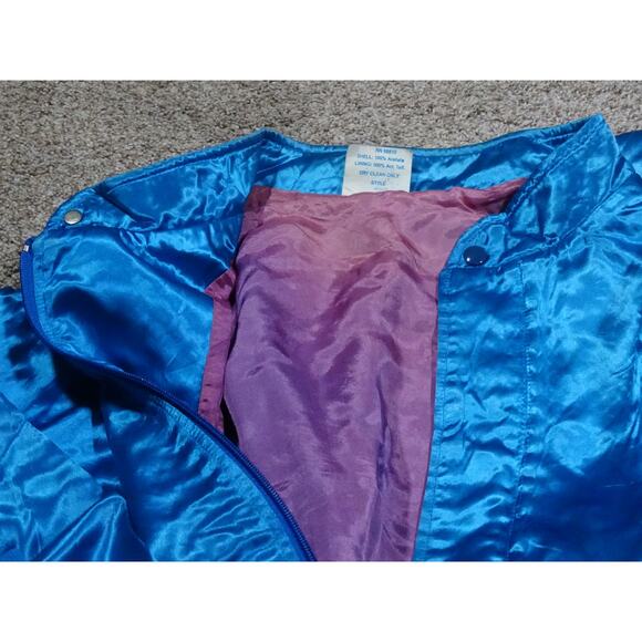 Vintage 90s Westark Blank Blue Satin Bomber Jacket, Size 2XL Distressed Fading - Picture 5 of 12